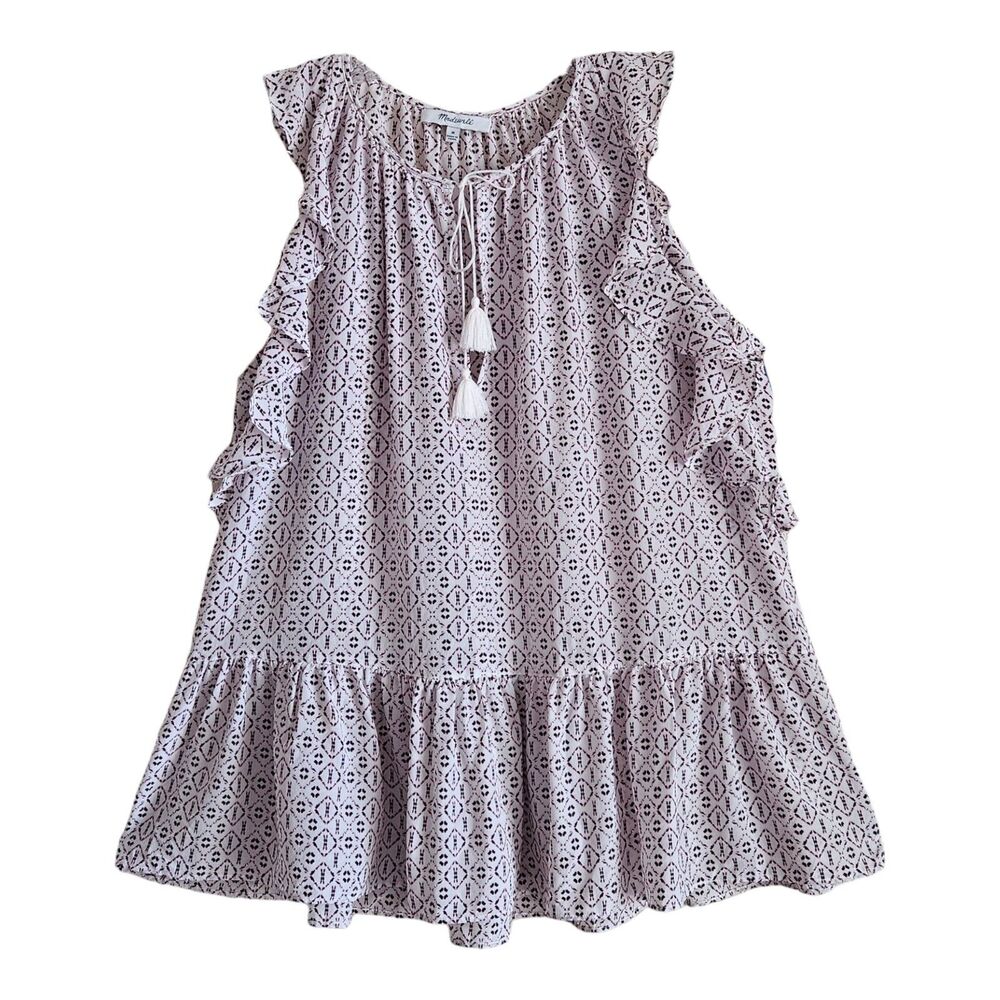 MADEWELL Women's M Lily Silk Top Sleeveless Ruffle Tassel Tie Purple White 38"